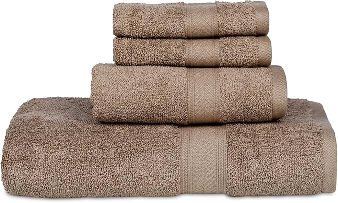 Casa Lino 100% Cotton Bath Towels Set of 4 (1 Bath Towel, 1 Hand Towel & 2 Wash Cloths) - Bathroom Towels and Washcloths Set - Complete Bathroom Set - Guest Room Essentials - (Brown)