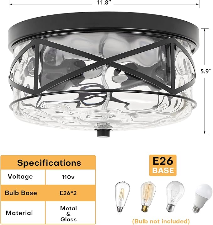 2-Light Flush Mount Ceiling Light Farmhouse Kitchen Island Ceiling Light with Bubble Glass Close to Ceiling Light Fixture for Living Room Bedroom Foyer Hallway