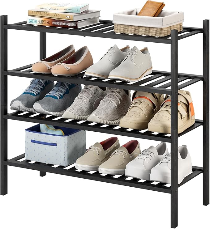 4-Tier Bamboo Shoe Rack for Entryway, Stackable | Heavy Duty | Multi-Function, Free Standing Shoe Racks for Bedroom Hallway Closet(Black)