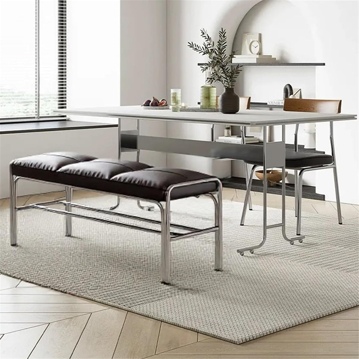 Modern Stainless Steel Long Bench with Leather Cushion Home-use Soft-Pack Shoe Changing Stool Black Entryway(XS)