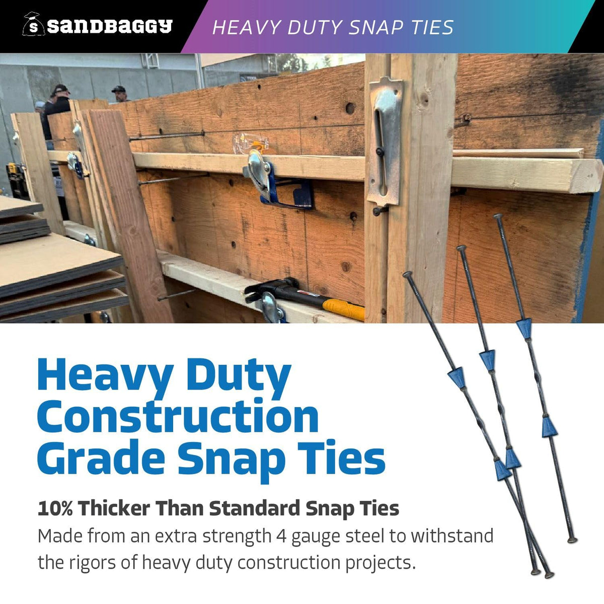 8" x 4 ¾" Heavy Duty Snap Ties for Concrete Forms - 3,350 lbs Safe Working Load (2:1 Safety Factor) - 1" Plastic Cones, Integral Heads - Construction Grade 4 Gauge Steel (Short End, 100, Count)