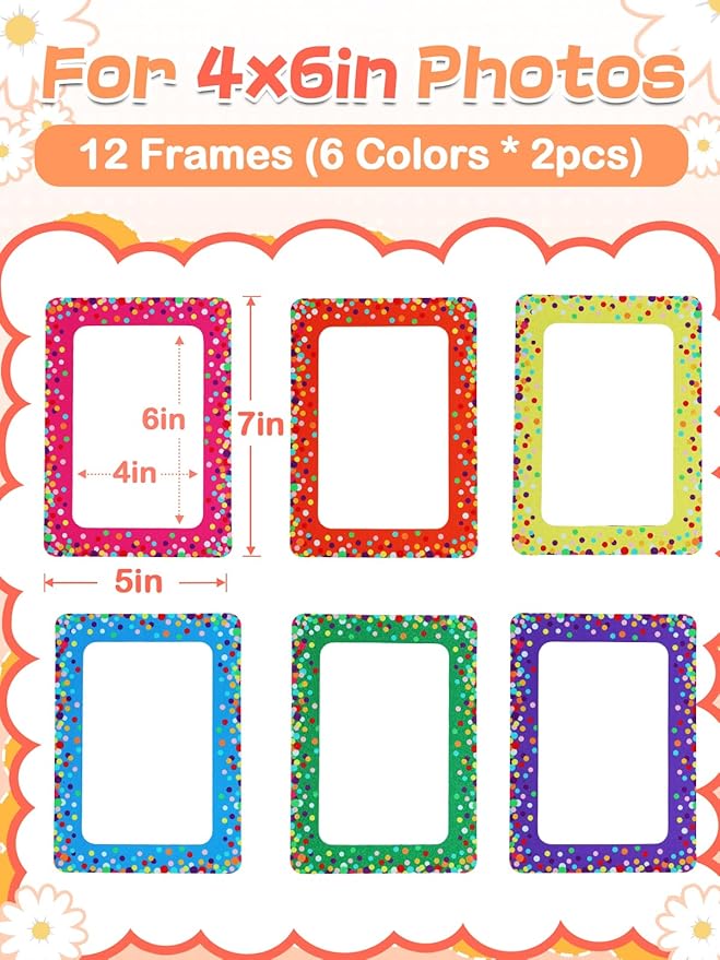 ANPHSIN 12Pcs Magnetic Picture Frame for 4x6in Photo - Cute Magnets Frames Fridge Decor Gifts for Girls Women, Home Refrigerator, Back to School Locker, Classroom Decorations Supplies, Colorful Dots