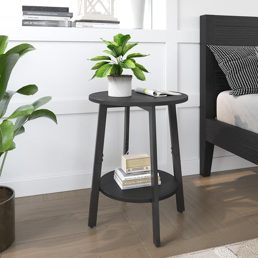 sthmec Side Table Set of 2, Small Round End Table with Storage Shelf for Small Space, 2-Tier Black Bedside Table Sofa Couch Table, Nighstands Set of 2 Accent Table for Living Room, Bedroom, Black