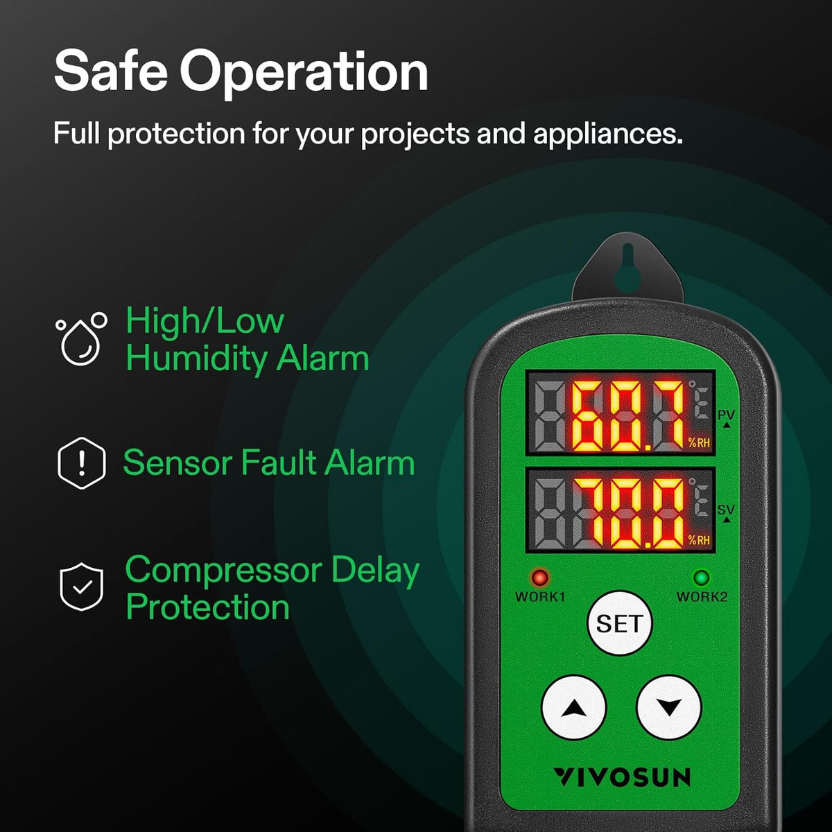 VIVOSUN Humidity Controller, 1200W Dual-Stage Outlet, Pre-Wired Digital Humidistat with Dual LED Displays for Humidifier/Dehumidifier/Fan, Ideal for Greenhouse, Grow Tent, Home-Brewing, Mushroom