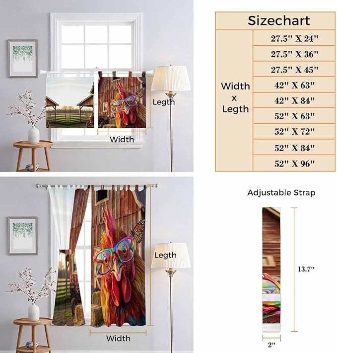 Farm Rooster Bedroom Curtains 63 Inch Length, Window Curtains Tab Top, Farmhouse Barn Funny Animals Butterfly Light Filtering Window Treatments Drapes 42"x63" 2 Panel