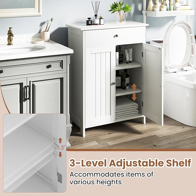 Giantex Storage Cabinet, White Bathroom Cabinet with 2 Doors, 1 Drawer, 3-Level Adjustable Shelf, Modern Wooden Storage Organizer for Laundry Room, Entryway, Living Room