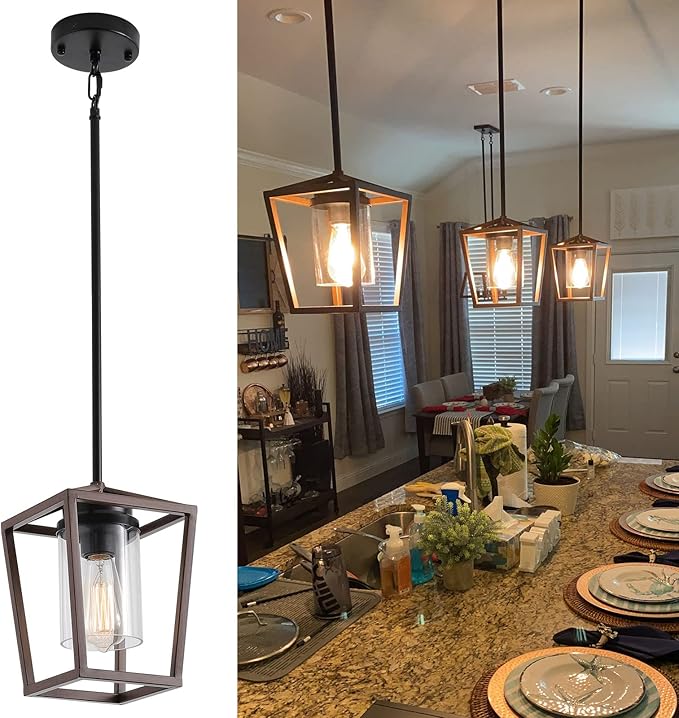 SGLfarmty Farmhouse Bar Pendant Lighting for Kitchen, Single Pendant Island Light with Wooden Finish,Modern Industrial Metal Pendant Light Fixtures,Rustic Ceiling Lantern Hanging Light,1 Pack