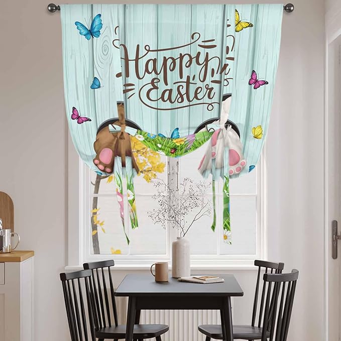 Tie Up Curtains,Happy Easter Bunny Butt Egg Floral Adjustable Rod Pocket Window Shade Curtain Drape Spring Plant on Aqua Wood Tie-Up Valance for Kitchen Bedroom Living Room Windows,52"x45"