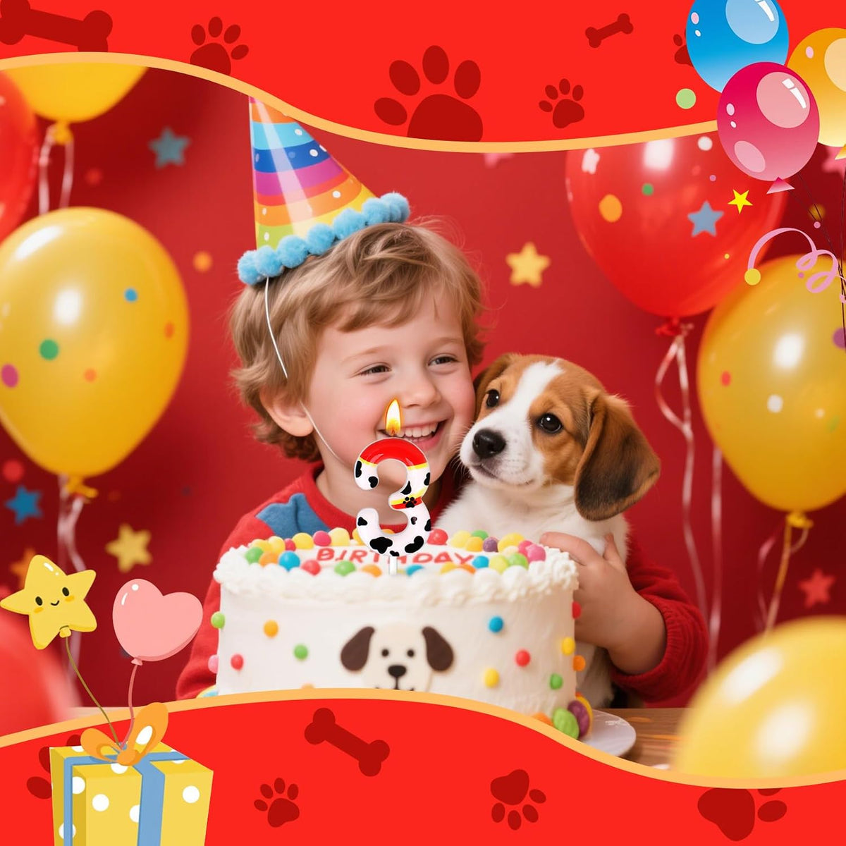 Dog Paw Birthday Candles, Number Candles for Birthday Party Cake Decoration Supplies (Red, Number 3)