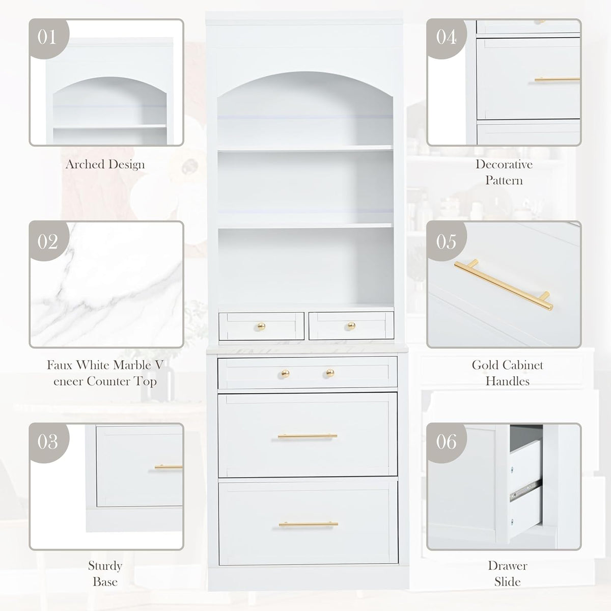 Mirightone 83.7Inch Tall Kitchen Pantry Cabinet, Corner Cabinet with 5 Storage Drawers and Adjustable Shelf, Freestanding Kitchen Pantry with Faux Marble Top, Set of 2, White