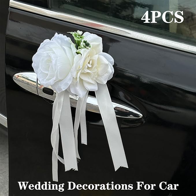 White Rose & Peony Wedding Car Door Handle Decor – 12 cm Artificial Flowers with Faux Greenery, Satin Ribbon Bow & Suction Cup – Versatile Bridal Vehicle & Mirror Ornament (Set of 4)
