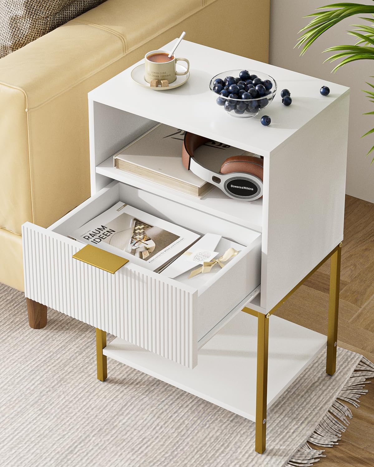 Nightstand,Modern Bedside Table with One Drawer and Two Shelf,White Night Stand,Tall End Table with Gold Frame for Bedroom,Living Room,Wave