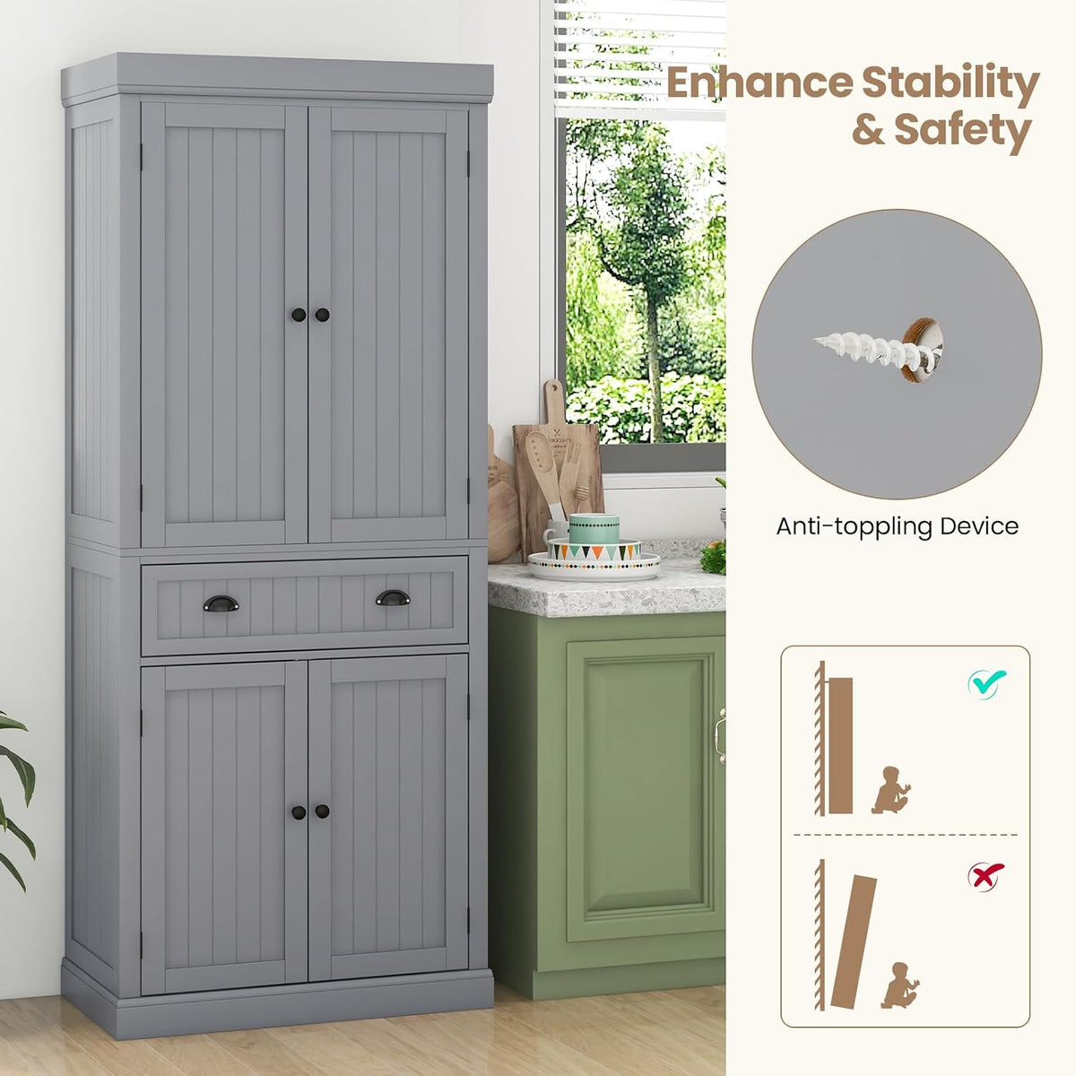 Tangkula 72" H Kitchen Pantry Cupboard Cabinet, Traditional Freestanding Large Tall Storage Cabinet with 2 Cabinets and Drawer, Adjustable Shelves, for Living Room Kitchen, 30 x 16 x 72 Inch