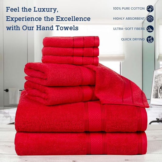 Casa Lino Bath Towel Set of 8 (2 Bath Towels, 4 Wash Cloths & 2 Hand Towels for Bathroom) - 100% Cotton - Highly Absorbent & Quick Dry - Guest Room Essentials for Bathroom Set - (Red)