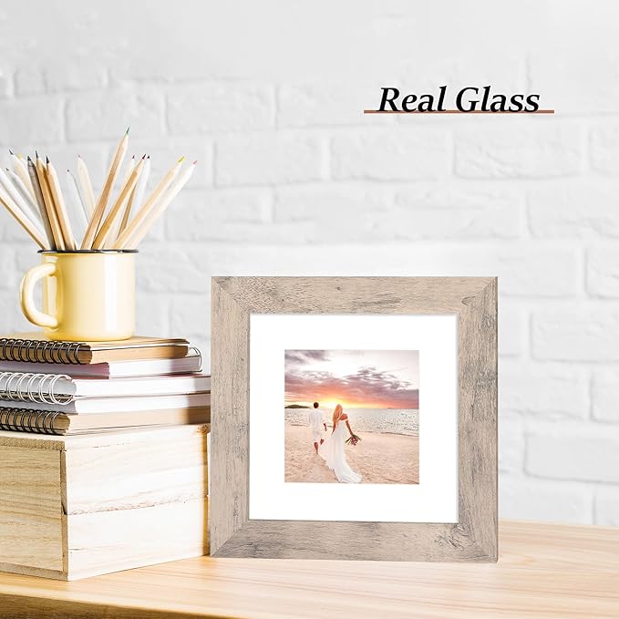 6x6 Picture Frame Set of 4 with High Definition Glass, Smoke Gray Frame Display 4x4 Pictures with Mat or 6 x 6 Without Mat, Wood Square Photo Frame for Wall Mount and Tabletop Display