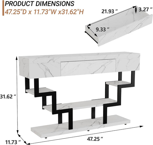 47.3" Console Table with Fluted Drawers, 3-Tier Modern Entryway Table with Geometric Black Metal Frame, Luxury Sofa Table for Living Room, Hallway, Foyer(White Marble Texture