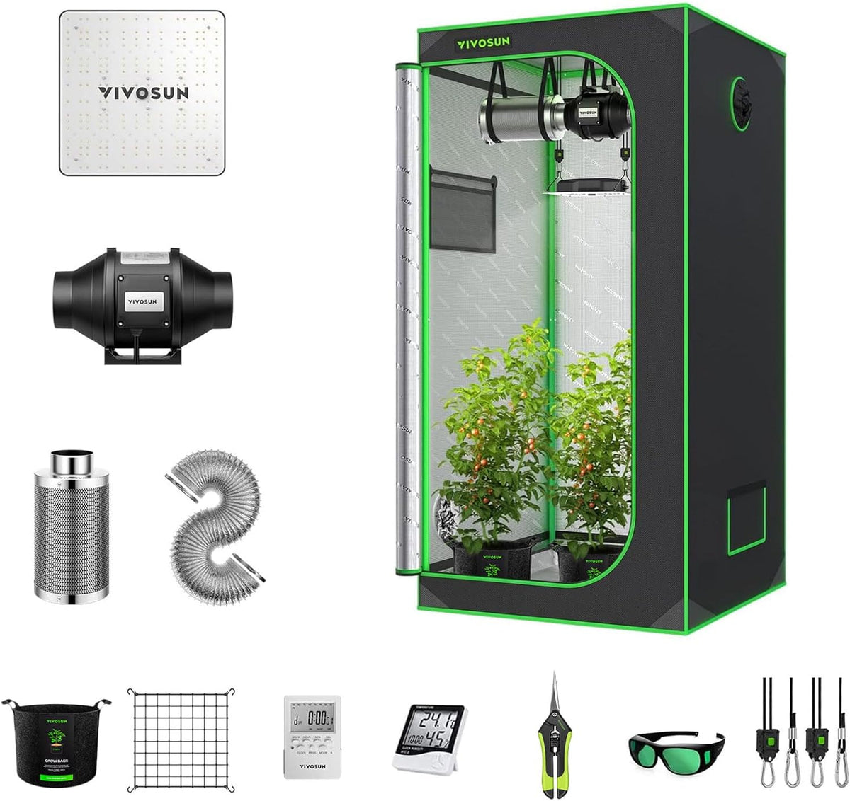 VIVOSUN 2.7 x 2.7 ft. Growing Tent Kit Complete, 32" x 32" x 63" Grow Tent Complete System with VS1000 Led Grow Light 4 Inch 190CFM Inline Fan Carbon Filter and 8 ft. Ducting Combo