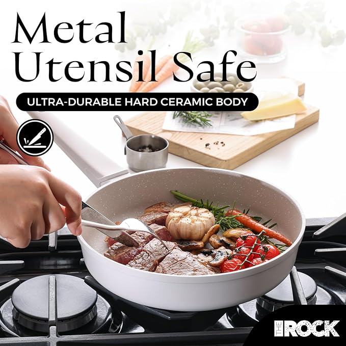 THE ROCK SOHO 8-Inch Non Stick Frying Pan with Lid–Nothing Sticks, Never Warps, Lasts Longer, Ceramic Non Toxic Skillet with Heat-Resistant Handle, PTFE PFOA & PFAS Free, Oven & Dishwasher Safe, Cream