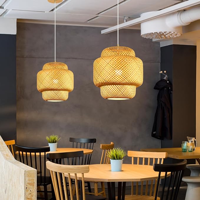 15.7inch Bamboo Pendant Light, Boho Chandelier Hand-Woven Wicker Rattan Hanging Ceiling Lighting, Rustic Farmhouse Pendant Lamp for Kitchen Island, Dining Room, Bedroom, Living Room, Foyer