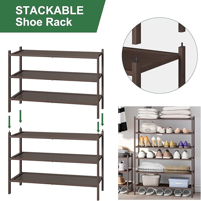 Bamboo Shoe Rack for Entryway, 3-Tier Stackable | Foldable | Natural, Shoe Organizer for Hallway Closet, Free Standing Shoe Racks for Indoor Outdoor