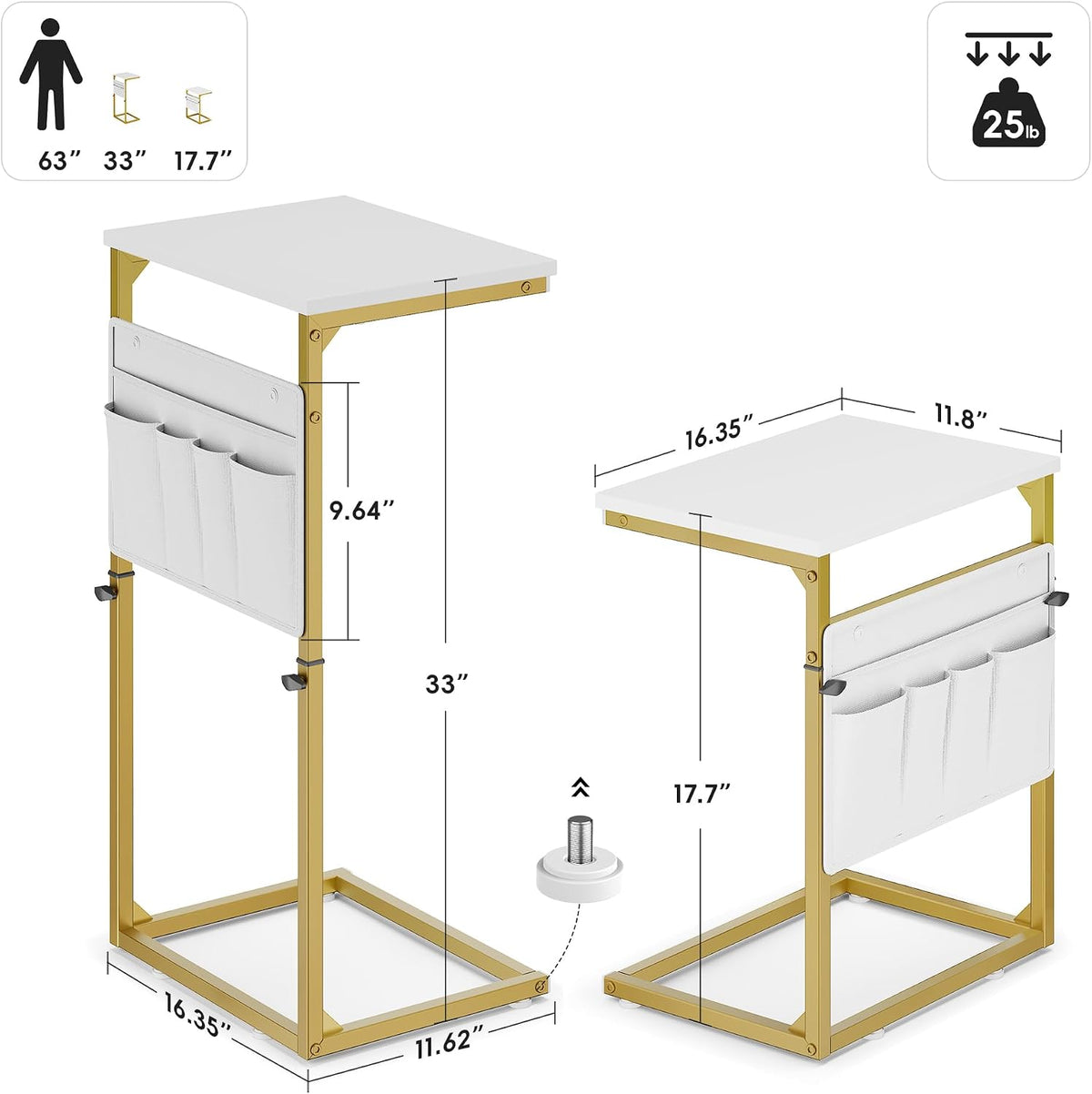 Vagusicc C Shaped End Table, 33'' Tall Side Table for Couch, Adjustable Height Small Couch Side Table for Small Spaces, C Table End Table Slide Under Sofa Table TV Tray Arm Table for Living Room