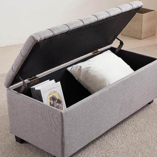 38-inch Grey Fabric Storage Ottoman Bench with Hinged Lid - Long End of Bed Bench for Bedroom, Living Room & Entryway, Footrest Seat Trunk