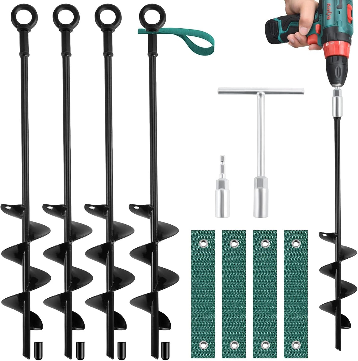 18-Inch Ground Anchors Screw in Heavy Duty, 4 Pack Shed Anchor Kit with Wrenches and Straps, High Wind Trampoline Anchors & Stakes for Swing Sets, Camping Tent, Carport, Plants, Mobile Home