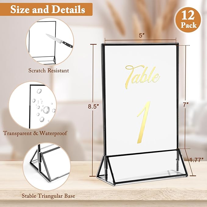 Floroom 12 Pack 5x7 Inch Clear Acrylic Sign Holders, Double-Sided Black Display Stand Picture Frames for Table Numbers, Menus, Flyers, Weddings, and Offices