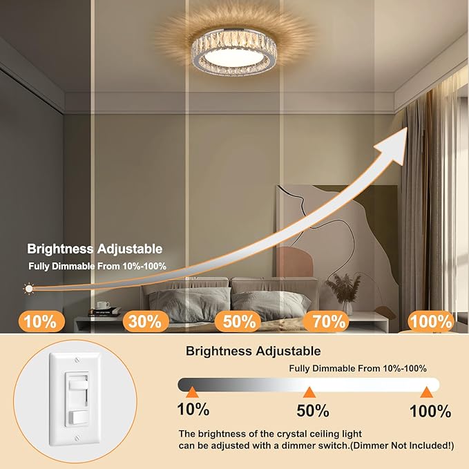Crystal Chrome Flush Mount Ceiling Light,LED Dimmable 5CCT 3000K-6000K Lighting Fixtures Modern Round 36W Chandelier for Kitchen Entryway Bedroom Dining Room 15 Inch