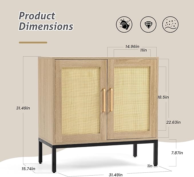 Buffet Cabinet with Storage, Storage Cabinet with Rattan Decor Doors, Accent Sideboard Bufft with Solid Wooden Feet, for Living Room, Hallway, Kitchen, Buffet Table