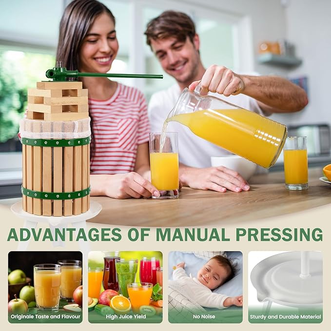 CAELUM Fruit Wine Press, 4.75 Gallon Wood Fruit and Cider Press Squeezer With T-Handle, Juice Maker, Wine Making Press Squeezer for Outdoor, Kitchen(Green)