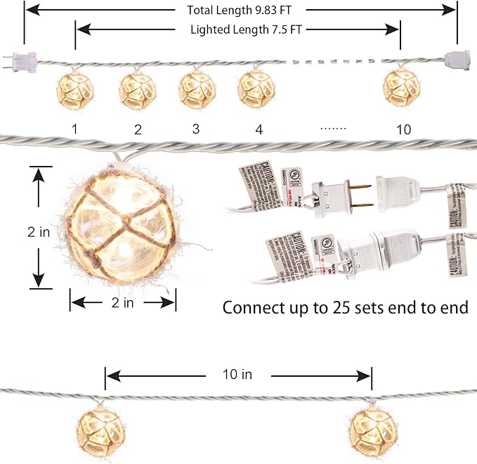 Nautical Fish Float String Lights Outdoor, Beach String Lights Set of 10 Clear G50 Ball Nautical Float Lights String for Room Wall Decor Outdoor Patio Decorations