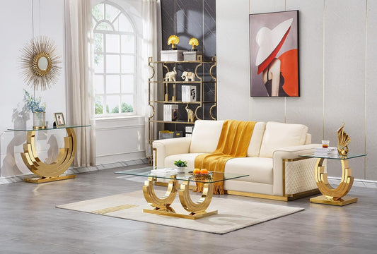 3 Piece Living Room Table Set, Rectangle Tempered Glass Coffee Table, End Tables, Console Table, Luxury Modern Clear Coffee Table Set of 3 with Gold Steel Base for Living Room, Apartment