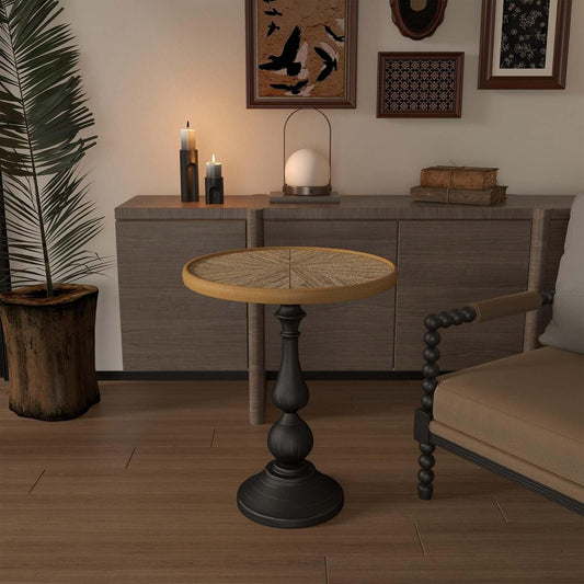 Vintage Round Accent Table with Carved Wood Detailing and Black Pedestal Base, 19.9” Diameter, 23.4” Height - Ideal for Living Room or Entryway Decor