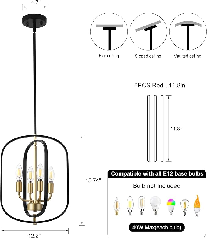 Modern Black and Gold Chandelier for Entryway, 4-Light Small Geometric Dining Room Light Fixture Over Table,Industrial Metal Hanging Pendant Lights for Kitchen Island, Staircase,Foyer