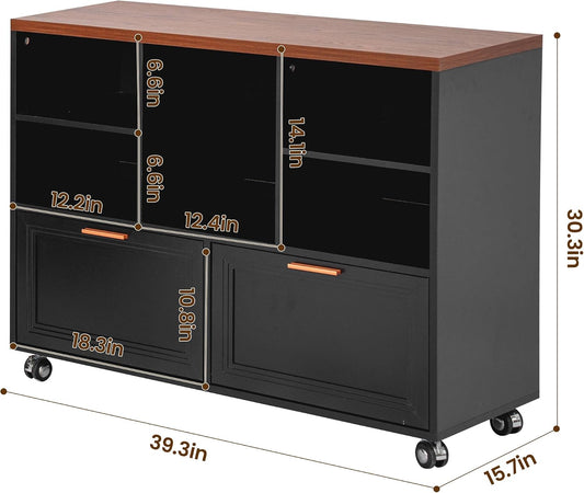 40" Lateral File Cabinet,Farmhouse Wood Small Home Office Storage with Wheels,Filing Cabinet with 2 Drawers for Legal/Letter/ A4 Size