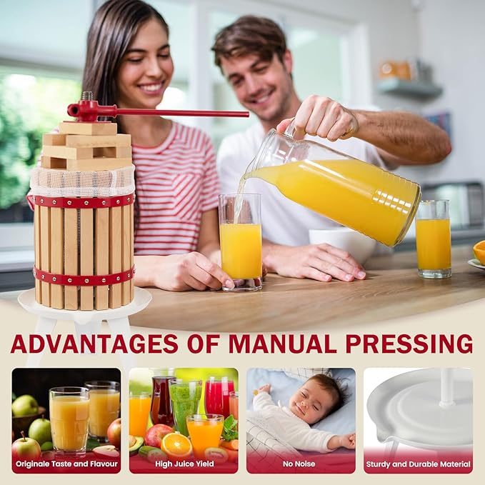 CAELUM Fruit Wine Press, 1.6 Gallon Wood Fruit and Cider Press Squeezer With T-Handle, Juice Maker, Wine Making Press Squeezer for Outdoor, Kitchen(Red)