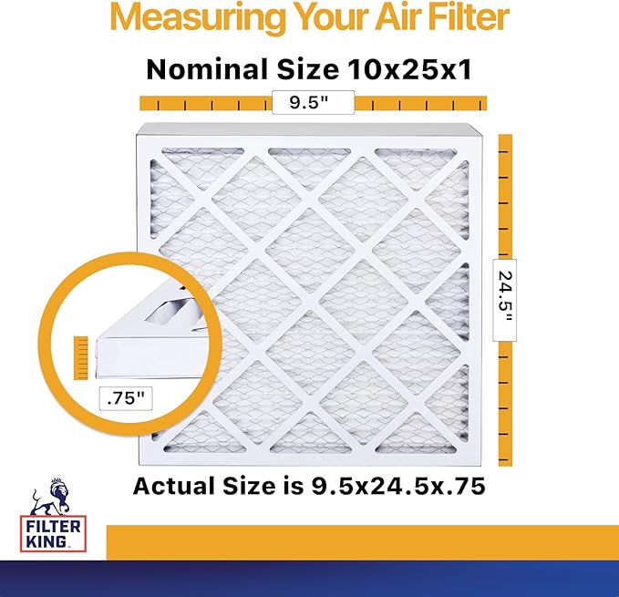 Filter King 10x25x1 Air Filter | 4-PACK | MERV 13 HVAC Pleated A/C Furnace Filters | MADE IN USA | Actual Size: 9.5 x 24.5 x .75"