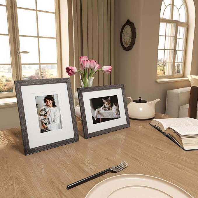 KINLINK 8x10 Picture Frame Ash Black, Solid Wood Frames with Acrylic Plexiglass for Pictures 4x6/5x7 with Mat or 8x10 without Mat, Tabletop and Wall Display Photo Frame, Set of 4