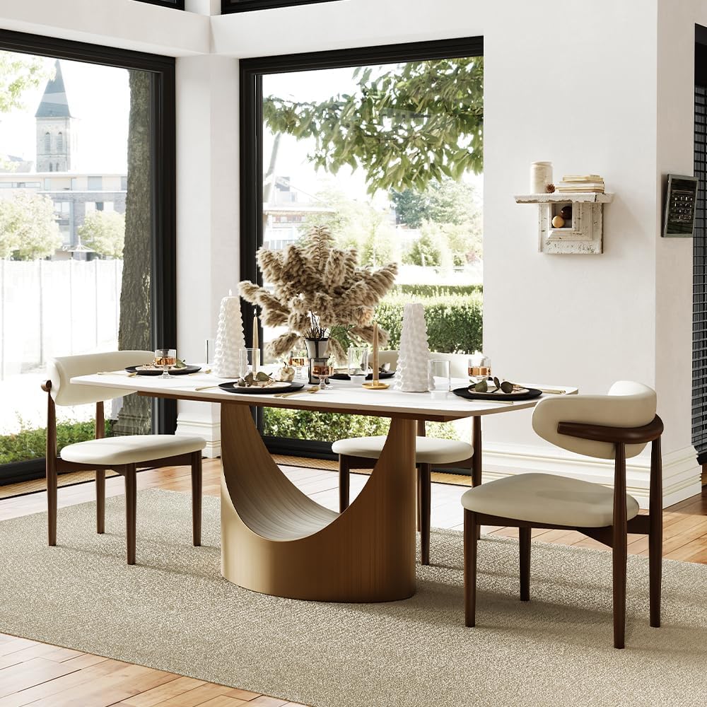 POVISON 63" Modern Dining Table for 4-6, Hobart Rectangle Dining Table, Matte White Sintered Stone Dining Tabletop with Bronze Carbon Steel Pedestal Table (Table Only)
