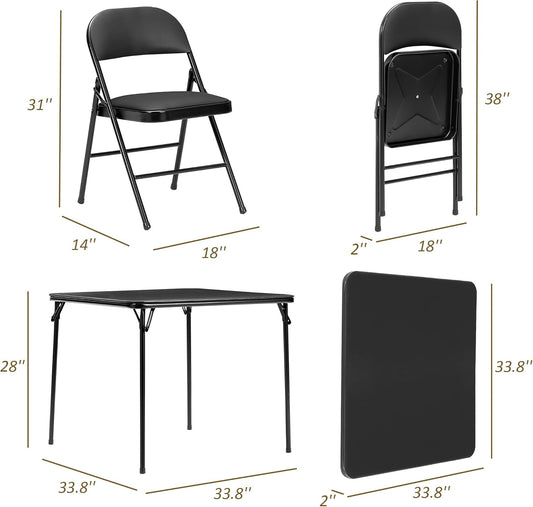 VECELO Folding Card Table and Chair Set of 5 Portable with Padded Tabletop, No Assembly Required, Black