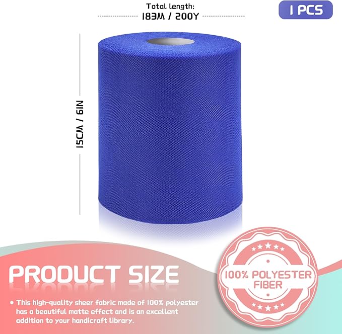 6" x 200 Yards Royal Blue Tulle Fabric Rolls, Blue Spool Tulle Ribbon for DIY Tutu Skirt Wedding Decoration Baby Shower Birthday Party Backdrop Gift Wrapping Bow Craft Supplies