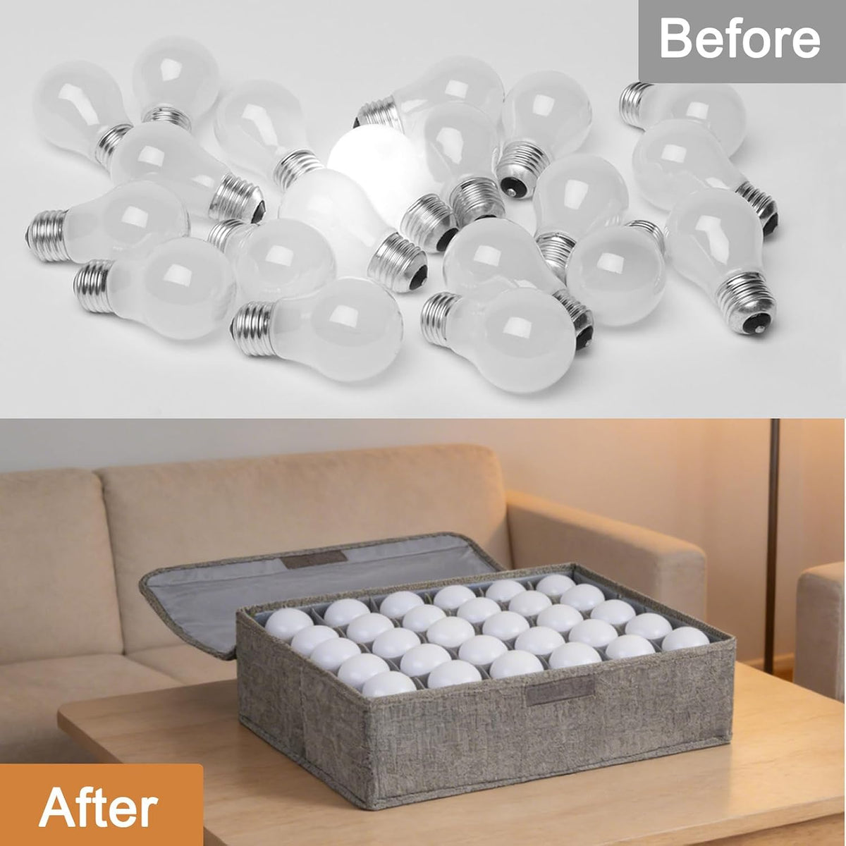 Light Bulb Organizer Storage Box, Ornament Storage with 30 Dividers Foldable Organizer with Lid Sturdy PP Board Fits Various Christmas Light Standard Bulbs Case Box Gray