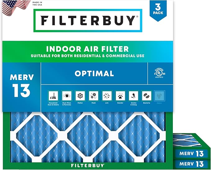 Filterbuy 24x24x1 Air Filter MERV 13 Optimal Smoke & Allergy Defense (3-Pack), Electrostatic Pleated HVAC AC Furnace Filters Replacement, Made in USA (Actual Size: 23.38 x 23.38 x 0.75)