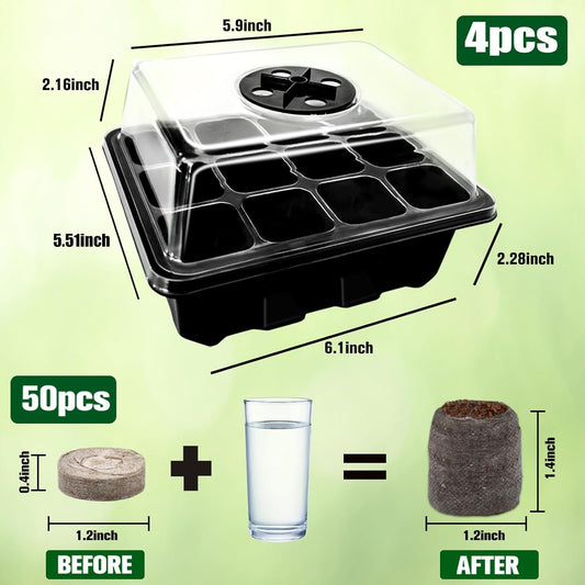 Halatool 4 Pack Seed Starter Tray with 50 PCS Peat Pellets, 48 Cells Black Seeding Starter Trays for Organic Seed Starter Soil Pods for Planting Vegetables Plants Flowers - Starting Seeds Kit