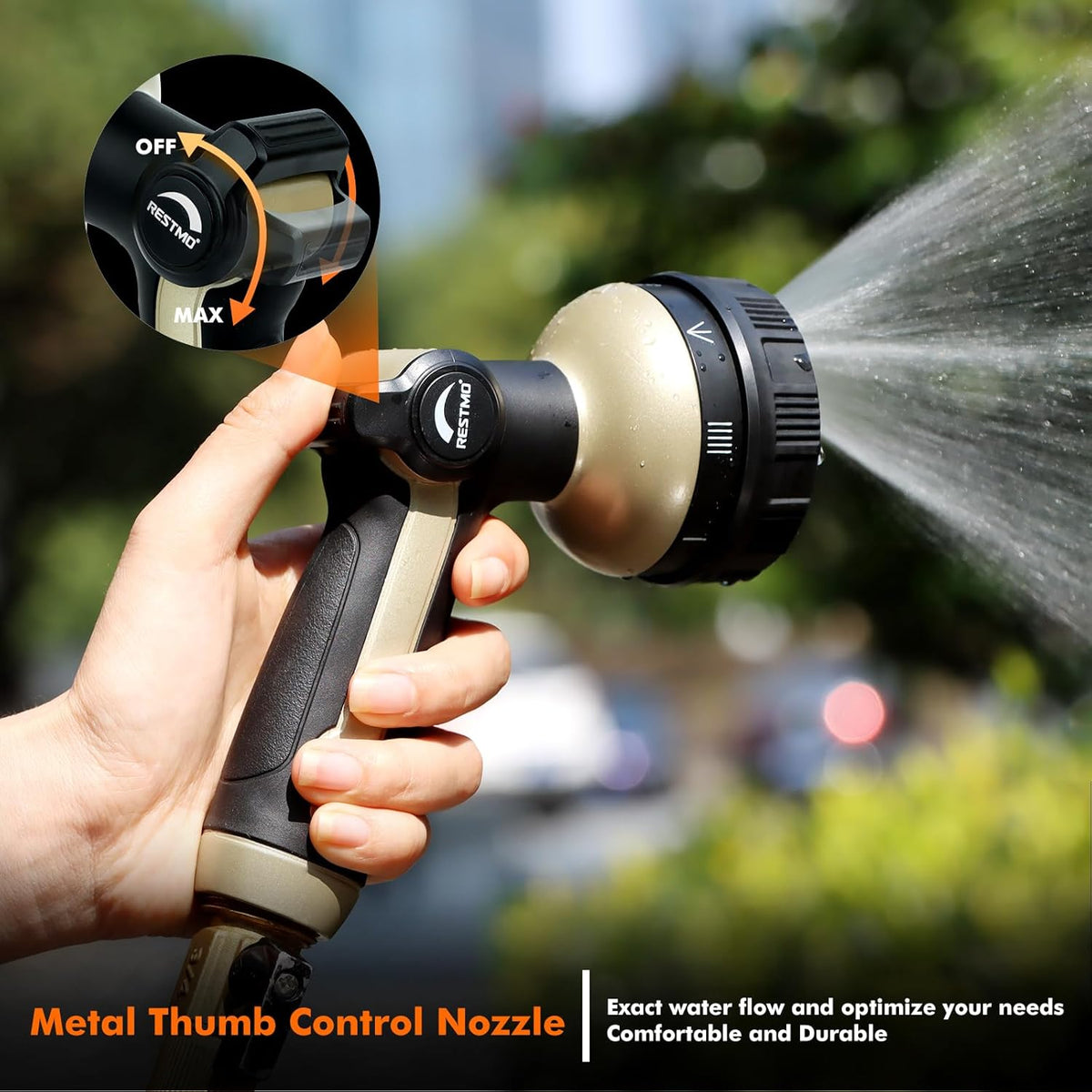 RESTMO Full Shower Hose Nozzle, Metal Spray Nozzle for Garden Hose, 8 Spray Patterns, Water Hose nozzle with Thumb Control, Ideal for Outdoor Lawn & Plant Watering, Car & Pet Washing, Bronze
