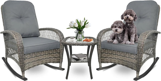 Wicker Rocking Chair, Rattan Patio Rocking Chairs, All-Weather Rocking Lawn Wicker Furniture for Porch Deck Garden Backyard(Grey),1PC