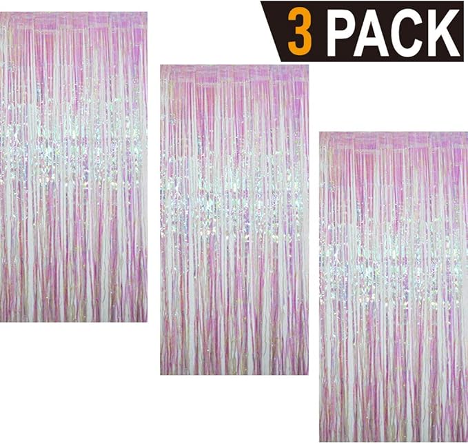 GOER 3.2 ft x 9.8 ft Metallic Tinsel Foil Fringe Curtains Party Photo Backdrop Party Streamers for Birthday,Graduation,New Year Eve Decorations Wedding Decor (Iridescent,3 pcs)
