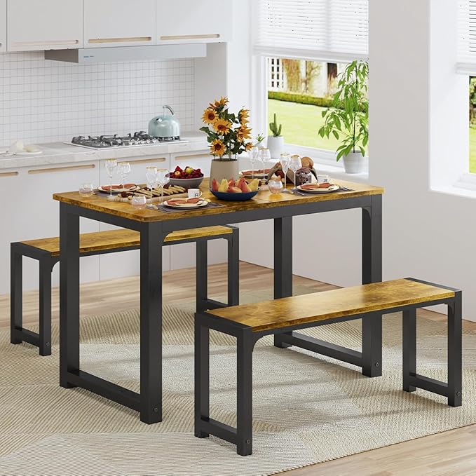 Gizoon 63” Kitchen Table Sets for 4 with 2 Benches Extendable Dining Table Set for 4 with Chairs Dining Room Table and Chairs for Kitchen Apartment Outdoor and Home Office, Rustic Brown