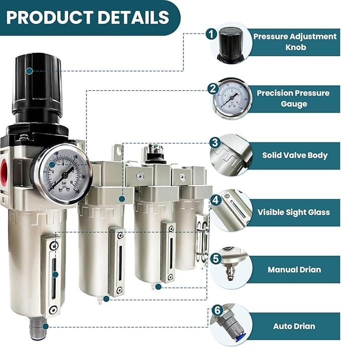 Upgraded 1/2" NPT Industrial Grade 4 Stage Air Drying System, Particulate Filter, Coalescing Filter, Desiccant Dryer & Air Regulator - for Plasma Cutter, Paint Spray, 3Filter&1Dryer System,Auto Drain